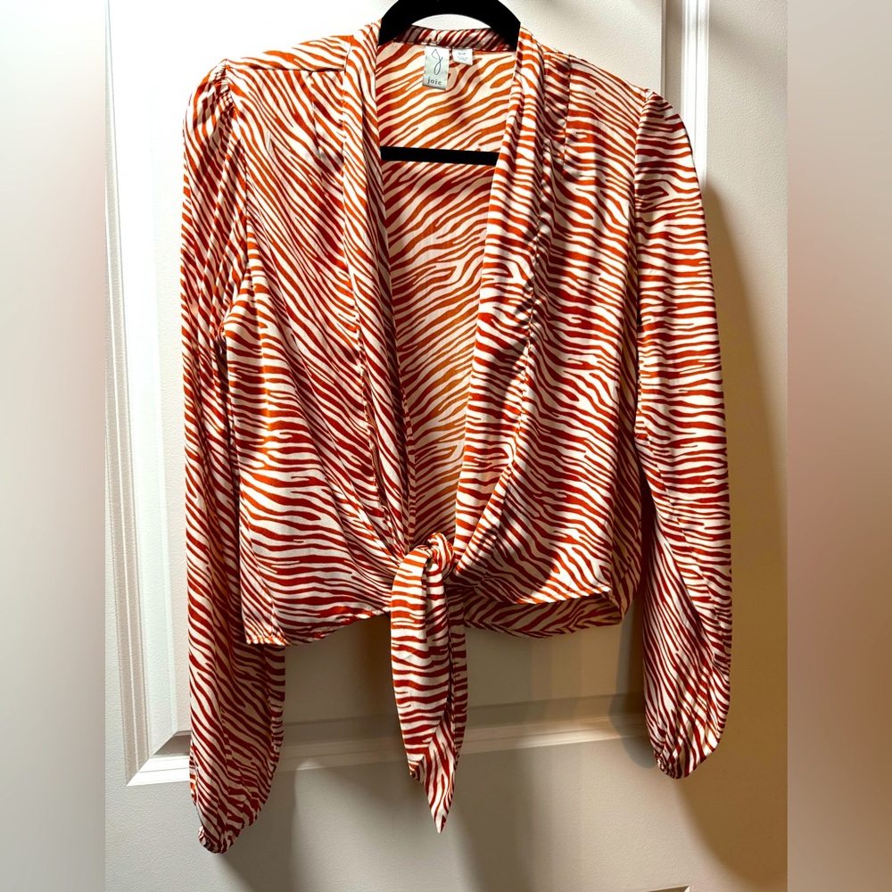 Joie Brown Burnt Orange Cream Zebra Print Satin Open Front Tie